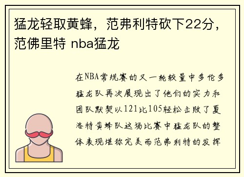猛龙轻取黄蜂，范弗利特砍下22分，范佛里特 nba猛龙